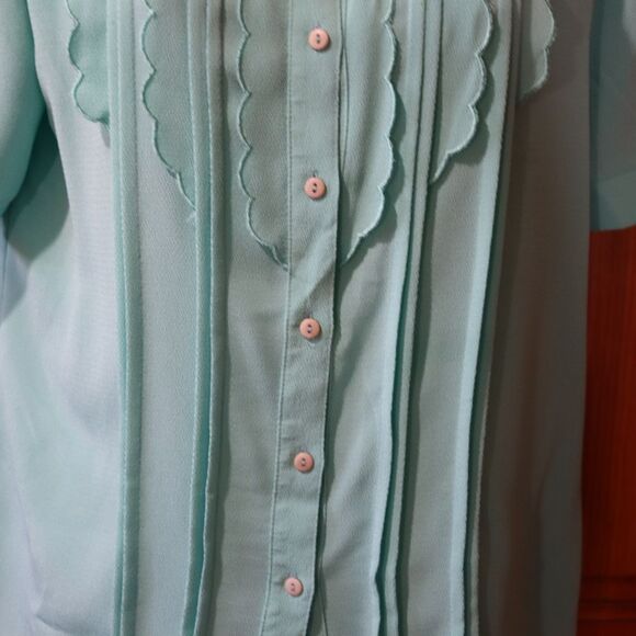 Vintage Asian Teal Blue High Neck Blouse Short Puff Sleeves Small - Picture 4 of 11